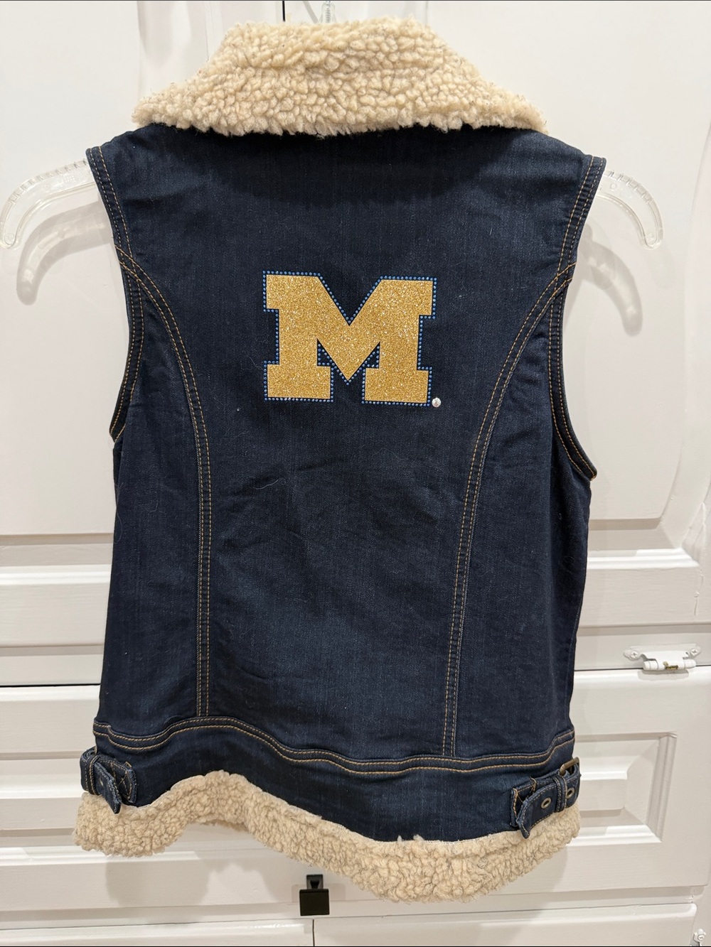 University of Michigan Sherpa-Lined Denim Vest with bedazzled block M